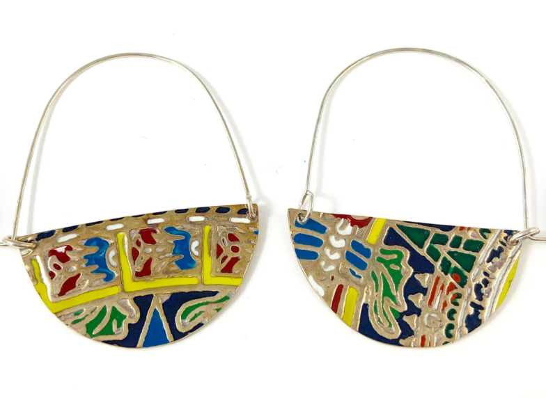 Brass and Enamel Hoop Earrings