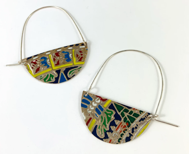 Brass and Enamel Hoop Earrings