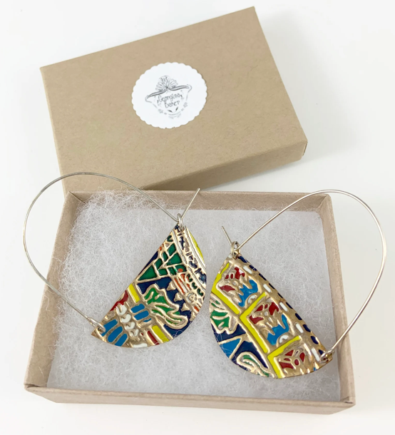 Brass and Enamel Hoop Earrings