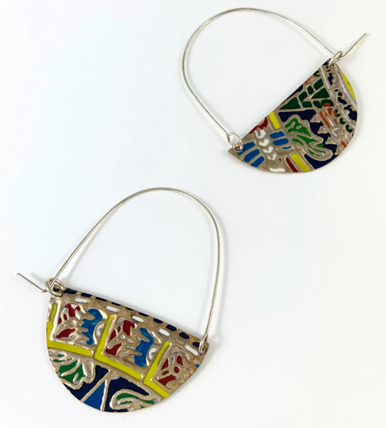 Brass and Enamel Hoop Earrings