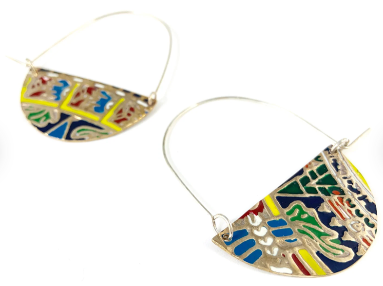 Brass and Enamel Hoop Earrings