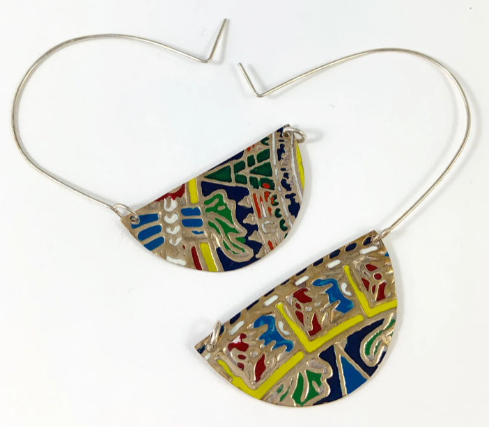 Brass and Enamel Hoop Earrings
