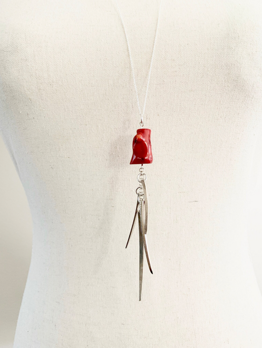 Fork Tine and Red Coral Charm Necklace