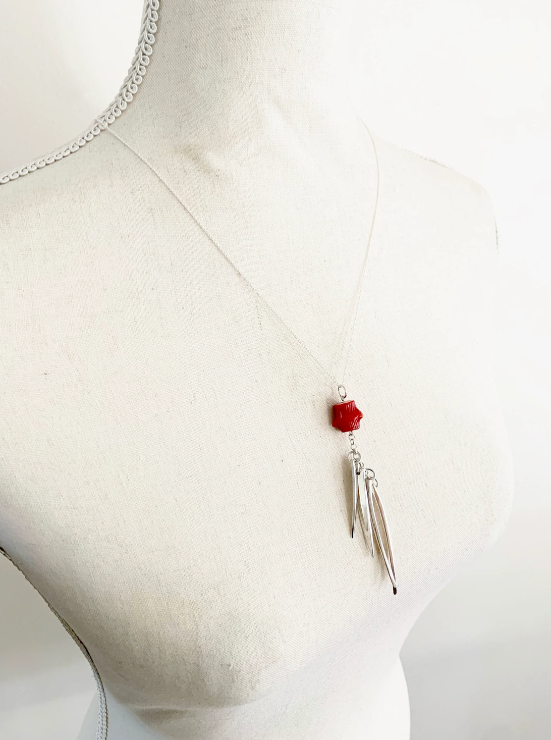 Fork Tine and Red Coral Charm Necklace