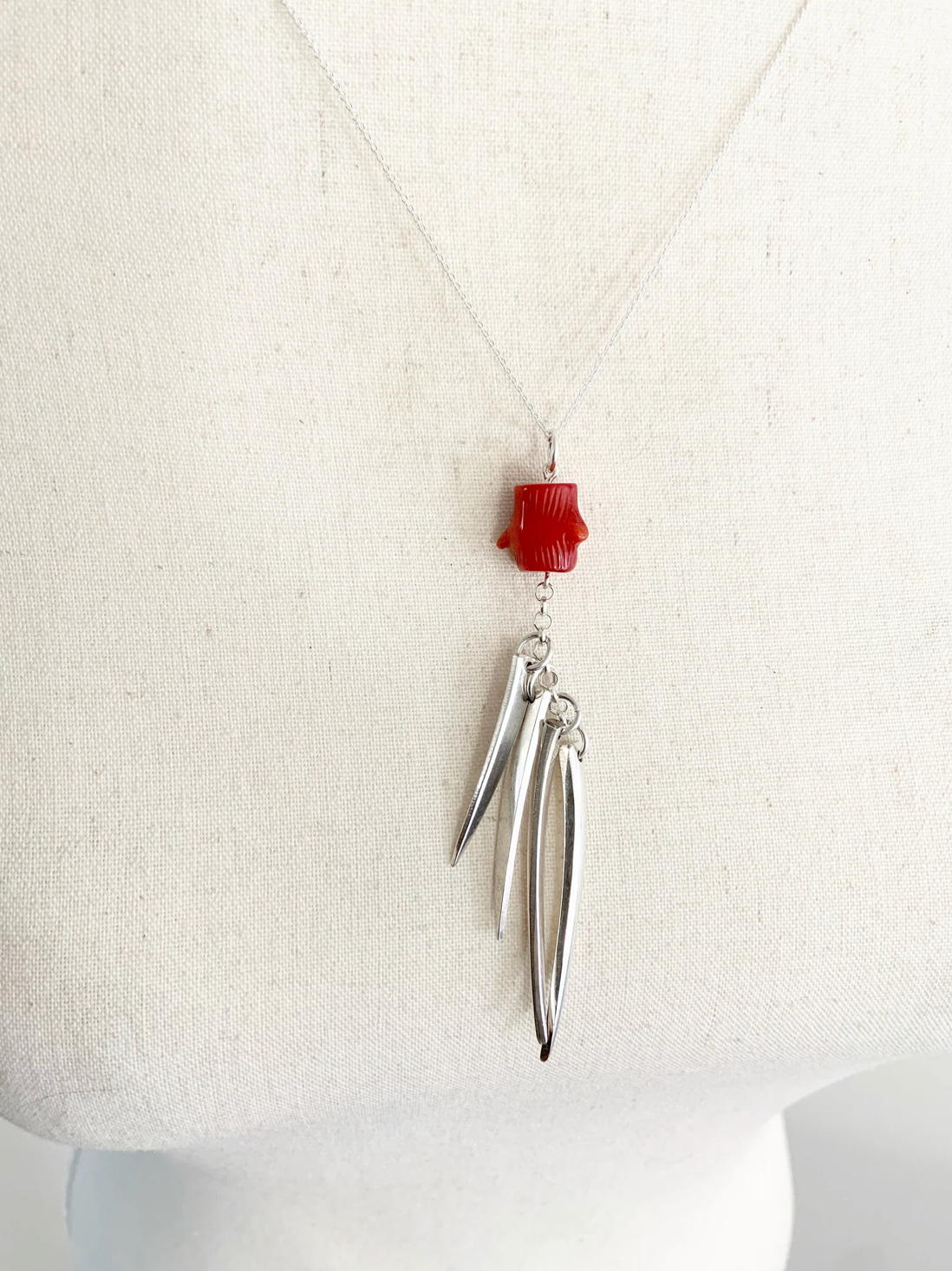 Fork Tine and Red Coral Charm Necklace
