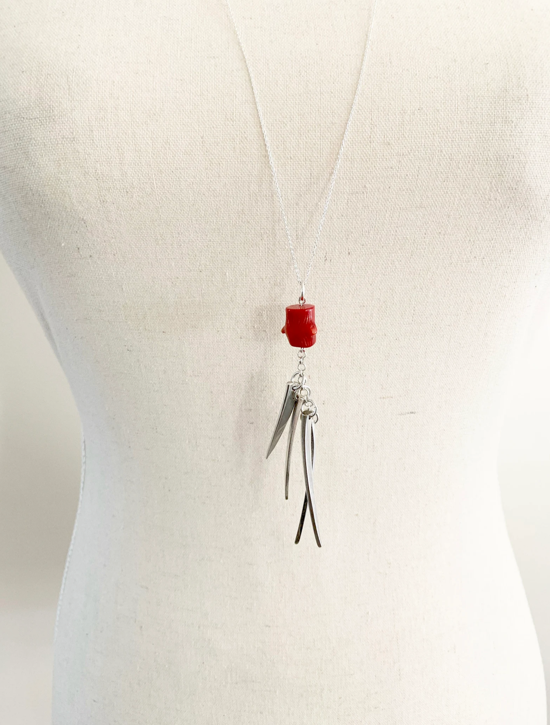 Fork Tine and Red Coral Charm Necklace